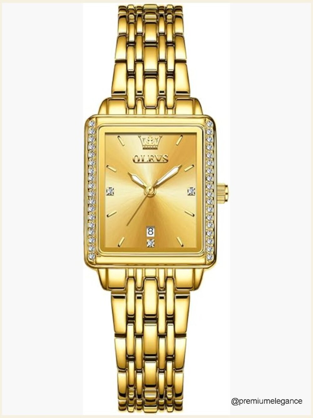 Gold Stainless Steel Watch, Square Face Diamond Decorated Ladies Dress Watch